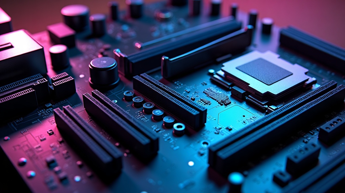 Vue d'ensemble PCB carte mère AM5 - slots DDR5, PCIe 5.0, M.2 - guide achat 2026