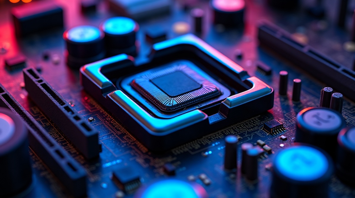 Macro VRM phases d'alimentation carte mère AM5 - socket CPU et chokes