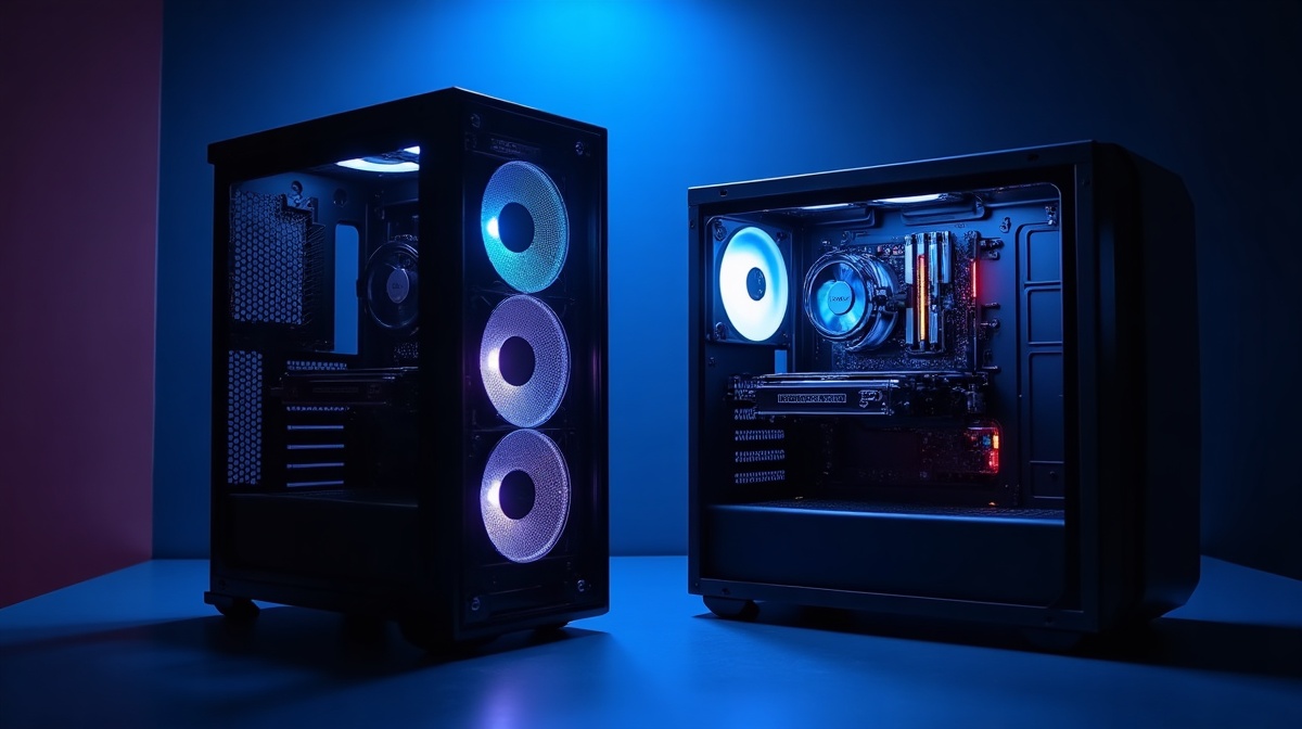 Comparatif deux boitiers micro-ATX cote a cote - verre trempe vs mesh integral