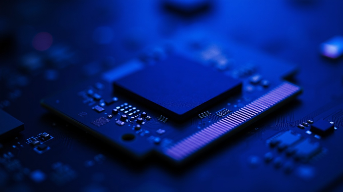 Macro du circuit imprime d'un SSD NVMe M.2 avec puce memoire visible