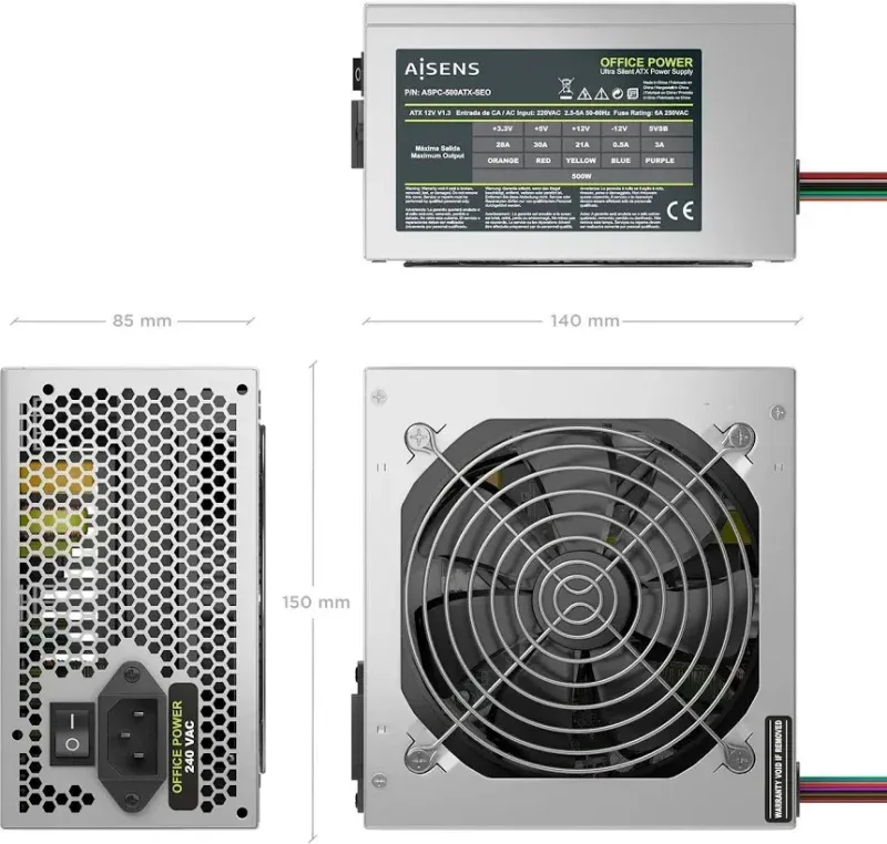 Fuente de Alimentación Aisens ASPC-500ATX-SEO 500W ATX 2.0 protections ventilateur 120 mm - image 3