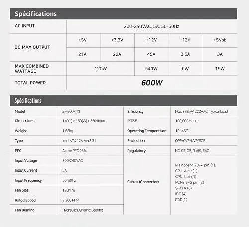 Alimentation PC - ZALMAN - MegaMax 600W V2 (80Plus 230V EU) (ZM600-TXIIV2) - vue 4