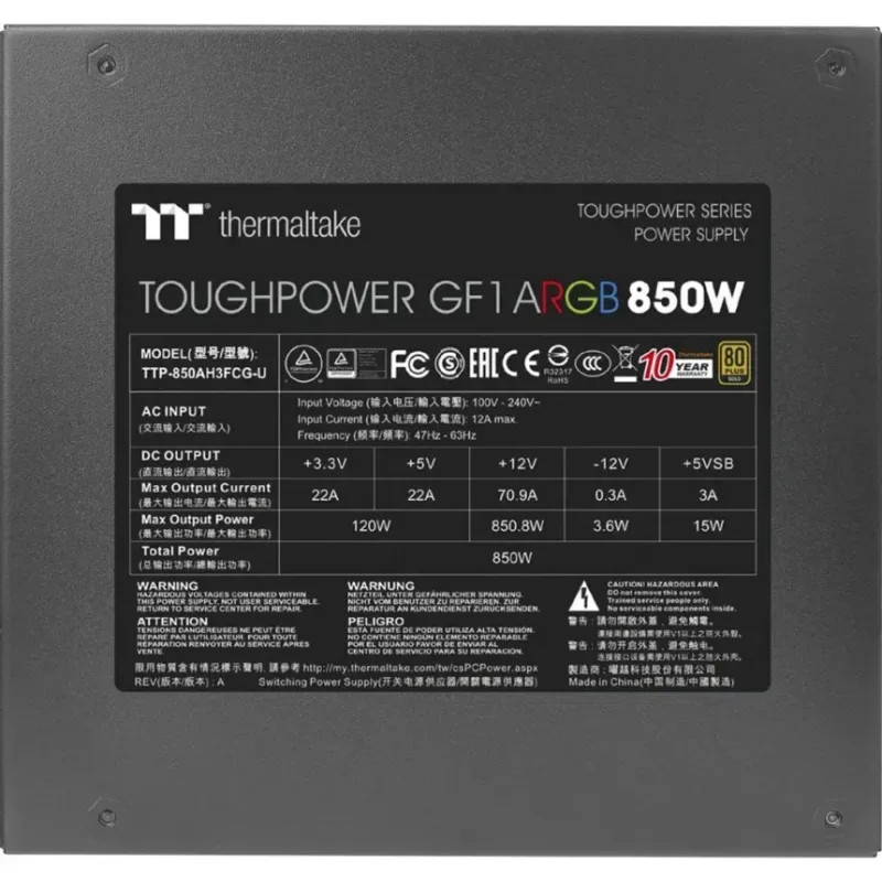 Thermaltake Toughpower GF1 ARGB 850W 80 Plus Gold entièrement modulaire - image 3