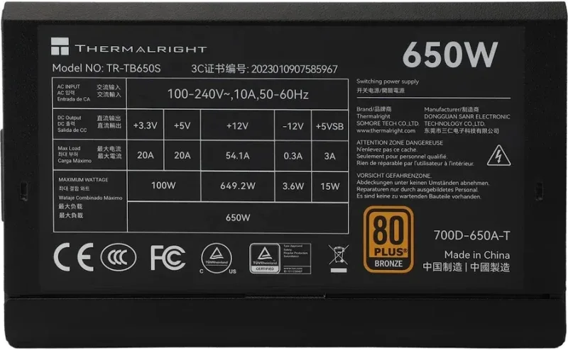 Alimentation Thermaltake TR-TB650S 650W Bronze 80 PLUS ATX 3.0 - image 3