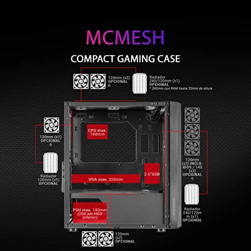 Boîtier PC Gaming - Mars Gaming - MCMESH Blanc - Micro ATX - Total Mesh Design - 3x Ventilateur FRGB - vue 6