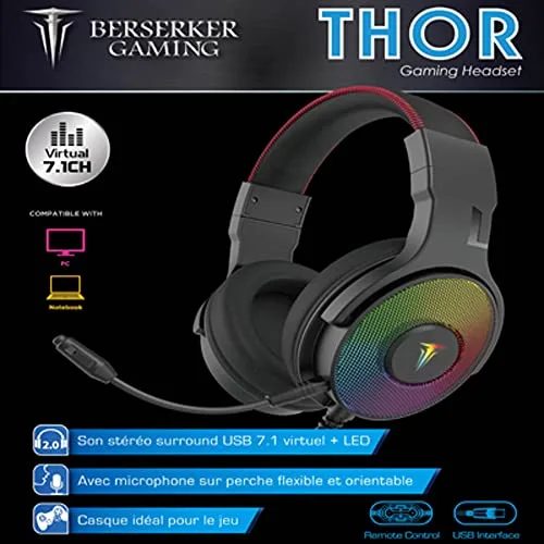 Casque Gaming - Berserker - Thor Pro - USB 7.1 Chroma - Microphone Détachable - Isolation Sonore - vue 2
