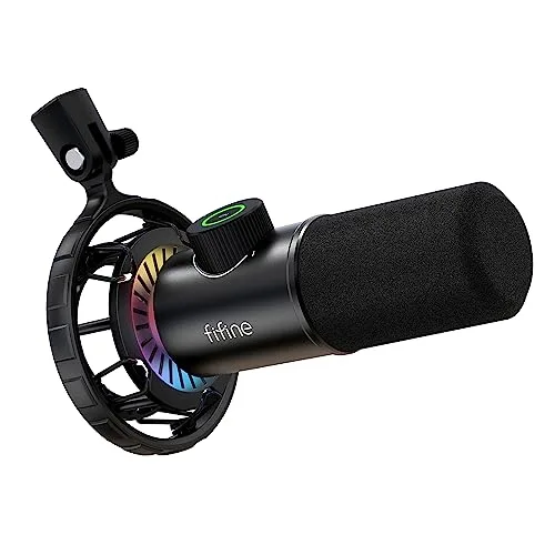 FIFINE K658 Microphone USB Dynamique RGB avec Bouton Silence et Prise Casque 3,5 mm