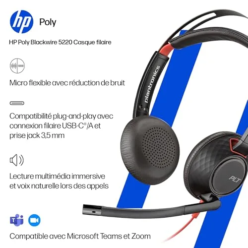 Micro-casque - POLY - Blackwire 5220 - Filaire - USB-C/USB-A - Antibruit flexible - vue 3