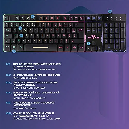 TNB ELYTE KY-100 Clavier gamer semi-mécanique Rainbow AZERTY - vue 4