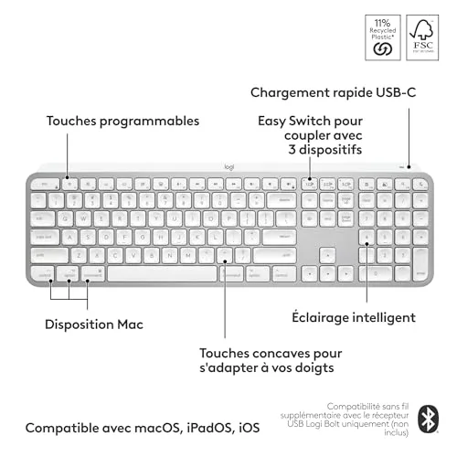 Logitech MX Keys S pour Mac AZERTY Gris Pâle sans fil - vue 6