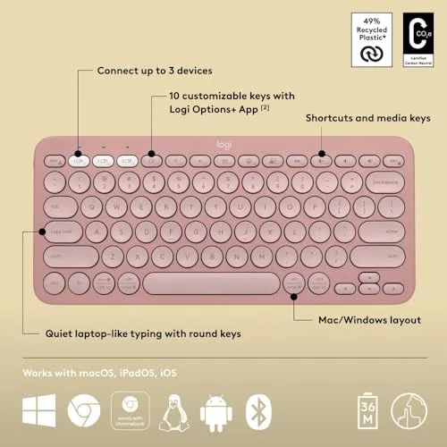 Logitech Pebble Keys 2 K380s Rose US INTL Silencieux - vue 6
