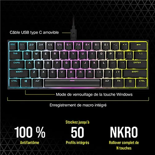 Corsair K65 RGB Mini 60% Cherry MX Red AZERTY Noir - vue 7