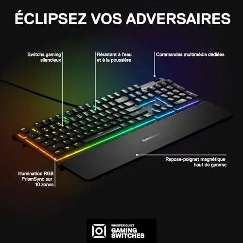 SteelSeries Apex 3 TKL FR Clavier Gaming Membrane AZERTY RVB 10 Zones - vue 3