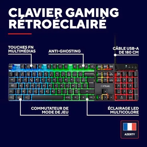 Trust GXT 835 Azor Clavier gamer membrane AZERTY - vue 3