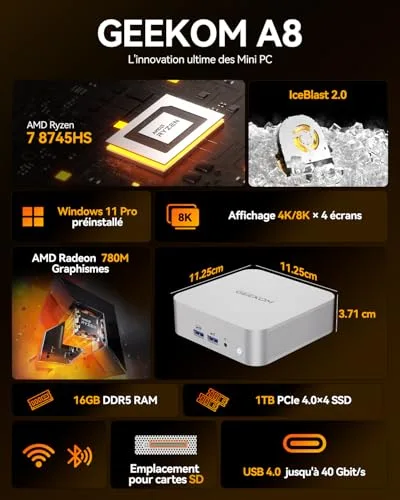 Mini PC GEEKOM A8 Ryzen 7 8745HS 16GB 1TB - vue 2