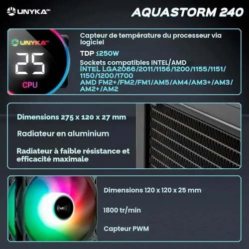 Refroidissement Liquide CPU - UNYKACH - AquaStorm - 240 mm - Pompe Silencieuse - Affichage Température - vue 3