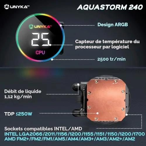 Refroidissement Liquide CPU - UNYKACH - AquaStorm - 240 mm - Pompe Silencieuse - Affichage Température - vue 4