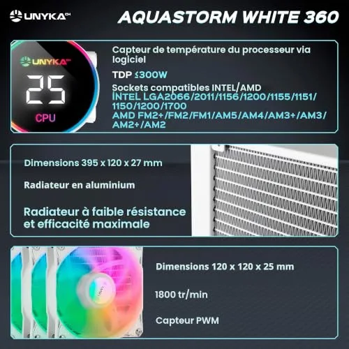 Refroidissement Liquide CPU - UNYKACH - Aquastorm White - Éclairage ARGB - Écran LCD - Pompe silencieuse - vue 2